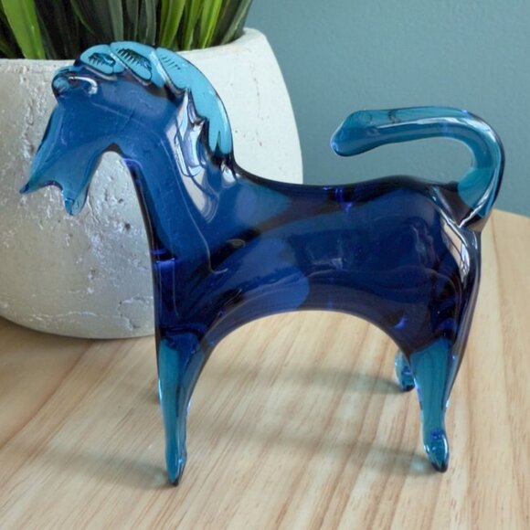 Vintage MCM Rainbow Art Glass Cobalt Blue Hand Blown Horse Figurine 1950's - Picture 7 of 10